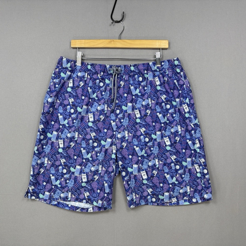 Peter Millar Seaside Performance Swim Trunks Mens XL AOP Purple Bottle Print EUC